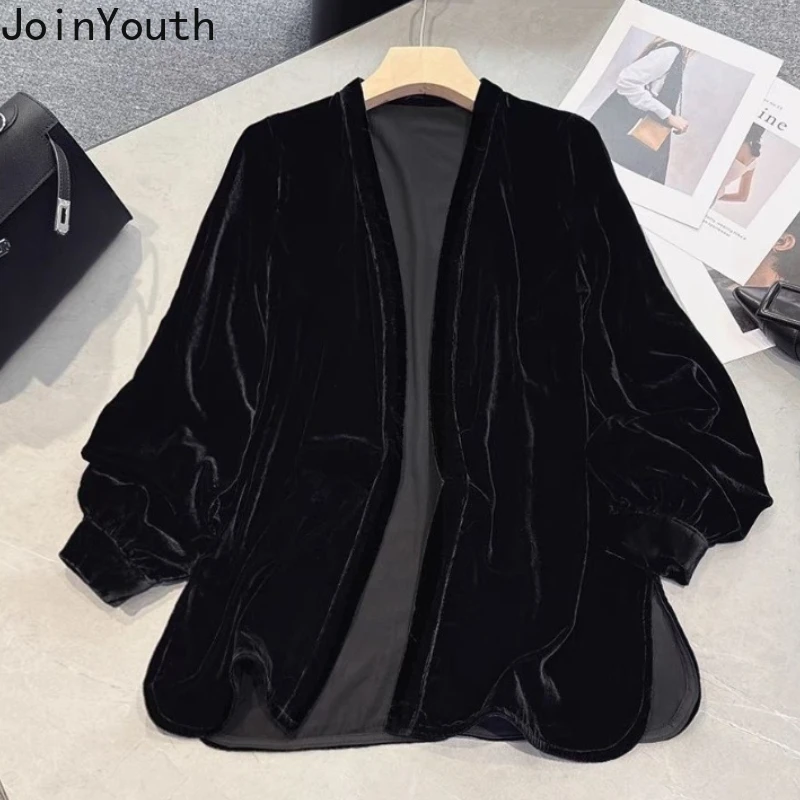 2024 Ropa Mujer Oversized Blouses Women\'s Clothing Vintage Velvet Shirts Camisas De Mujer Temperament Black Tunic Blouse Tops