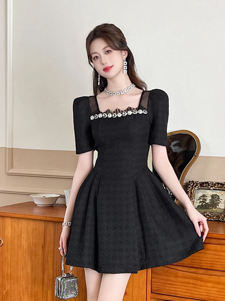 Elegant Luxury Black Evening Dress Women Clothes Summer Sweet Vintage Puff Sleeve Slim Mini Short Party Club Prom Vestido Fiesta