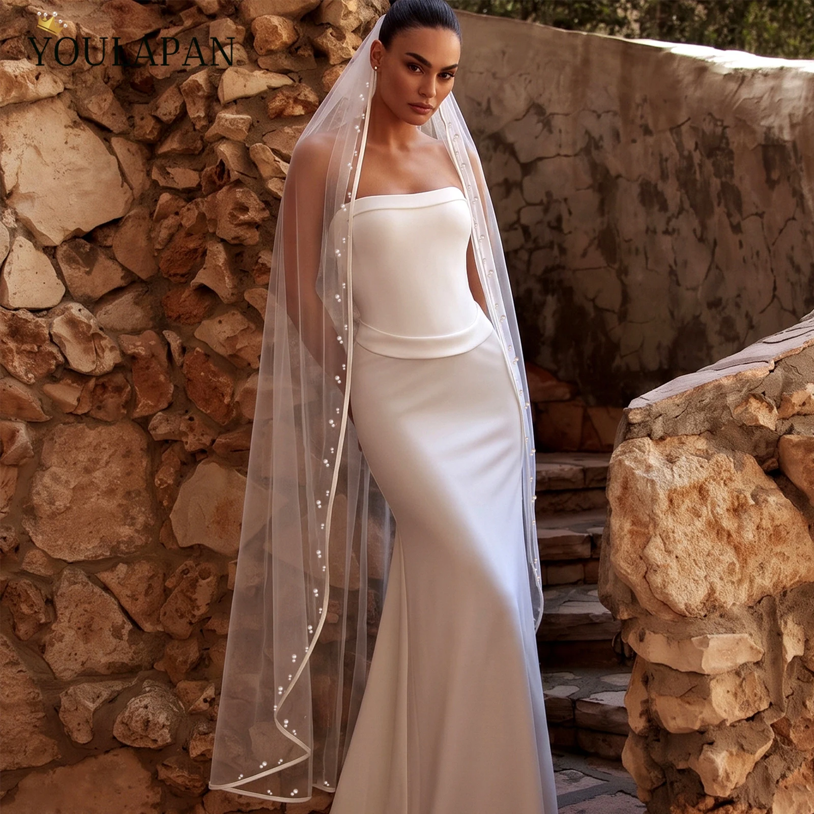TOPQUEEN Pearl Satin Trim Tulle Bridal Veil With Comb Velo De Novia Wedding Accessories Customizable V292