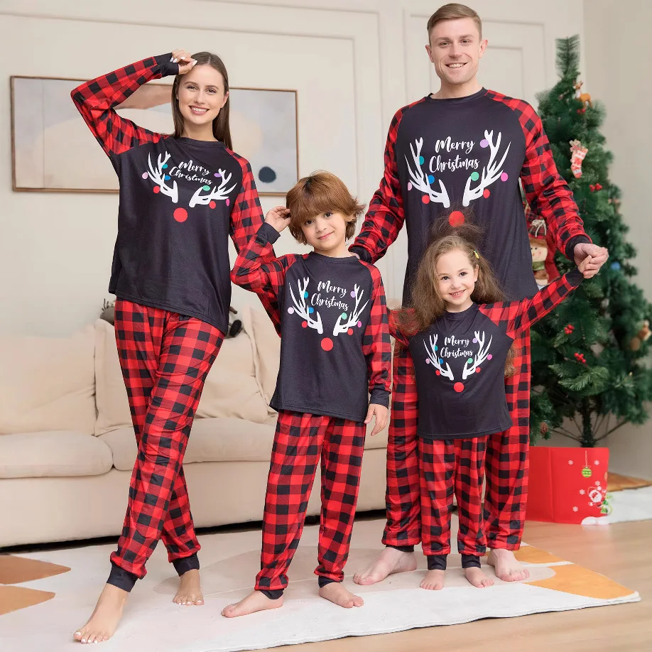 

Christmas Family Matching Pajamas Set, Cartoon Antlers Print Plaid Sleepwear Long Sleeve Top & Pants Loungewear for Mom Dad Kids