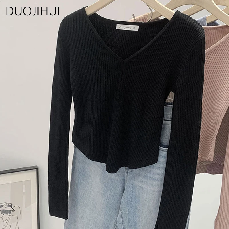 DUOJIHUI farina d'avena Chicly scollo a v lavorato a maglia vita sottile pullover femminili autunno Basic manica lunga moda pullover donna tinta unita