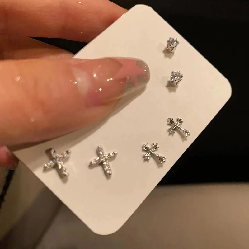6pcs/set Korean Shiny Rhinestone Butterfly Stud Earring Set For Women Cross Heart Earrings Girl Party Wedding Engagement Jewelry image 2