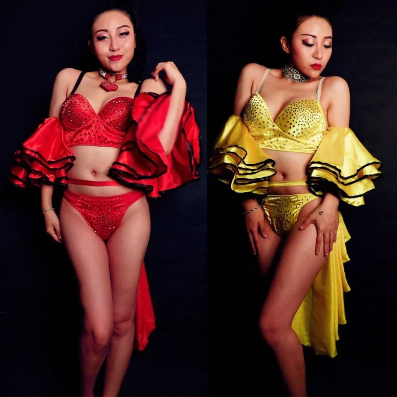 بار ملهى ليلي Dj Ds Gogo أزياء رقص مثير الراين بيكيني الساتان المخلفية تنورة القطب ملابس الرقص المرحلة الهذيان الزي XS6706 #1