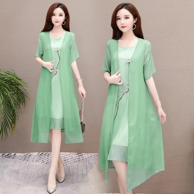 2PCS/Set Dress Sets Vintage Embroiderd Women Chiffon Dress With Cardigan Casual Women Elegant 2023 Summer Long Dress Suit 4XL