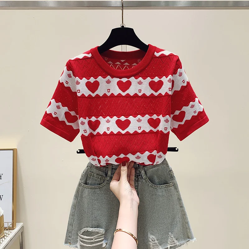 Summer Women Vintage Striped Hearts Knitted T-Shirt Fashion Short Sleeve Hollow Out Slim Fit Thin New Knitwear Tees Tops Mujer