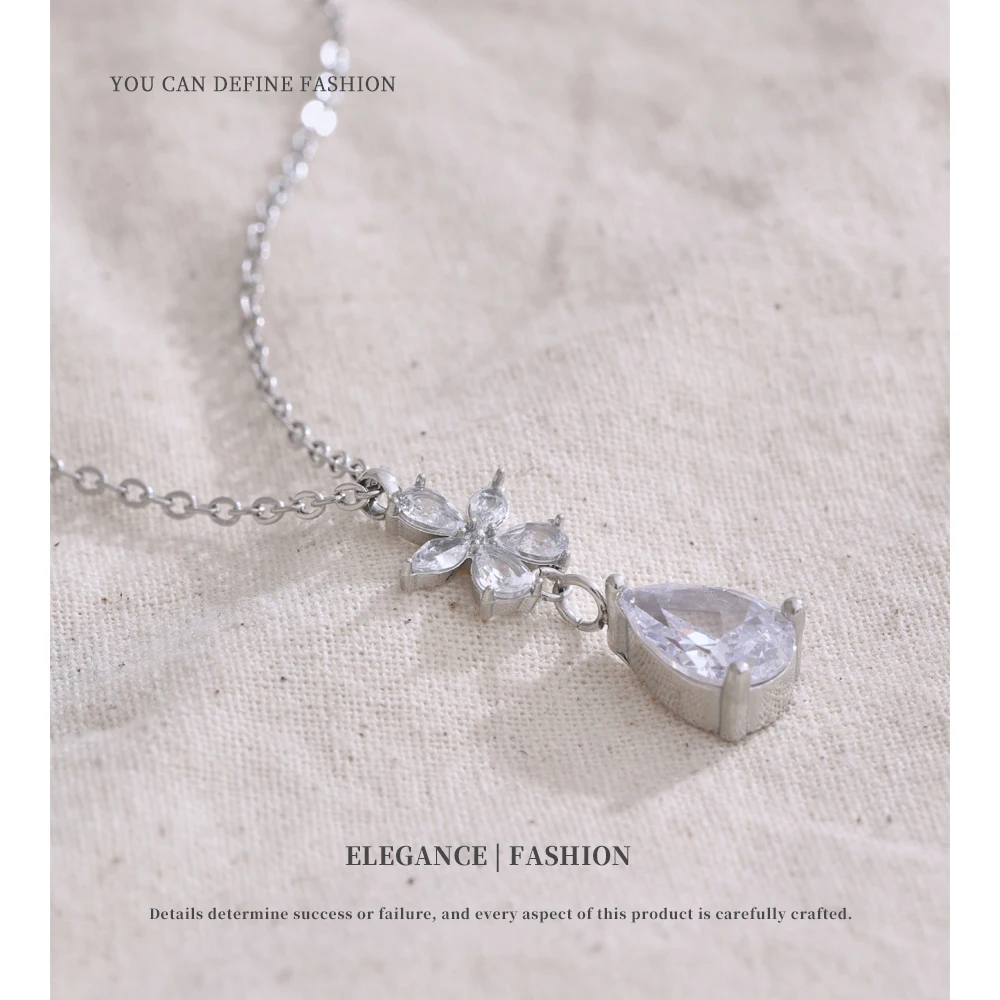 NiNice Exquisite Bling Cubic Zirconia Flower Pendant Necklace High-Grade Stainless Steel Temperament Jewelry Recommend