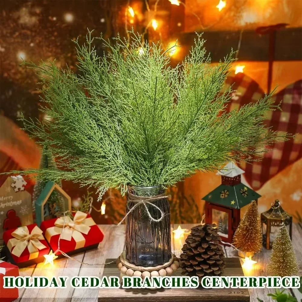 Artificial Cedar Pine Branch DIY Christmas Tree Garland Ornament Plastic Ceder Pine Stems Xmas Wedding Party Table Decoration