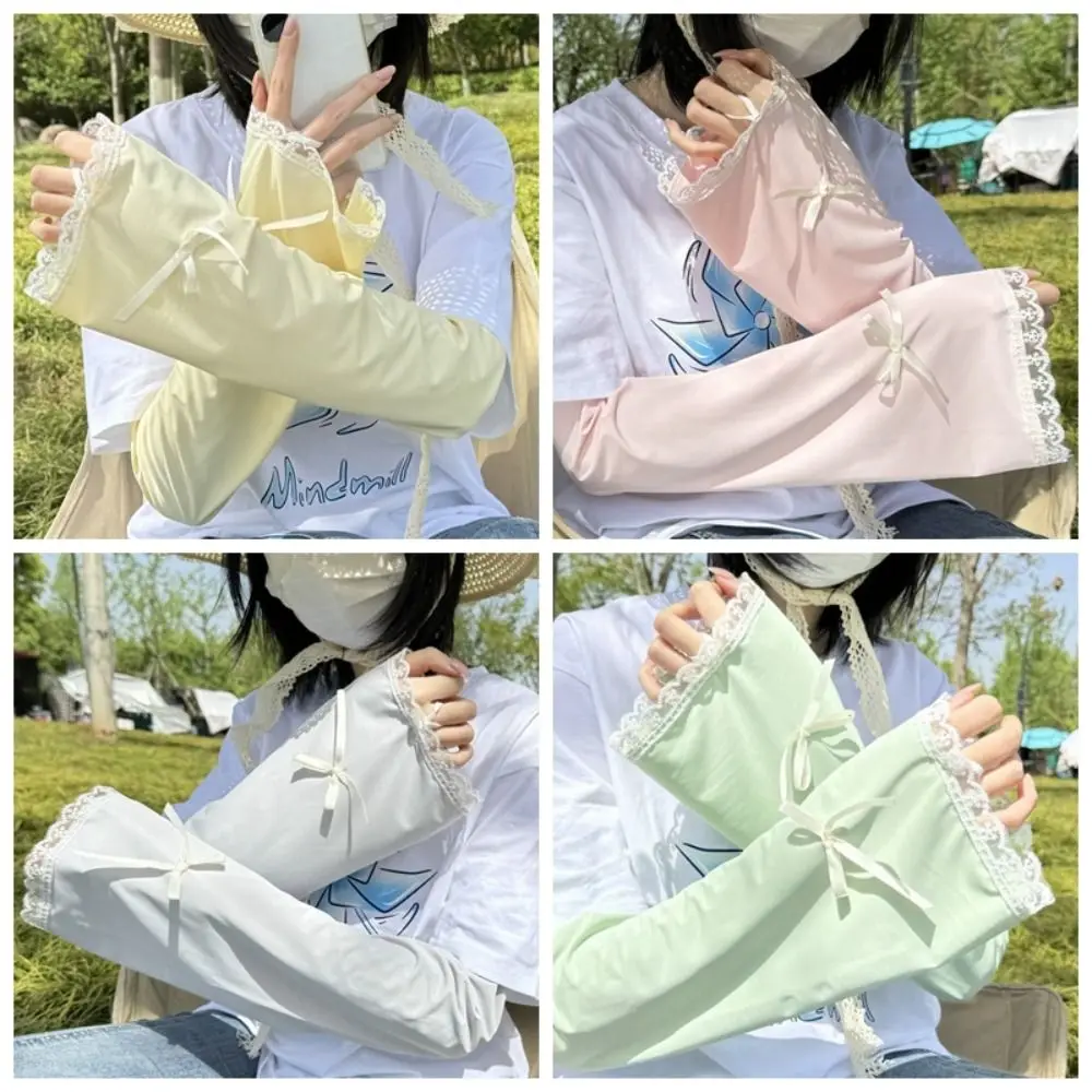 Cute Bow Ice Silk Arm Sleeves Flared UV Protection Sunscreen Arm Sleeves Lace Cuff Solid Color Cycling Arm Cover Summer