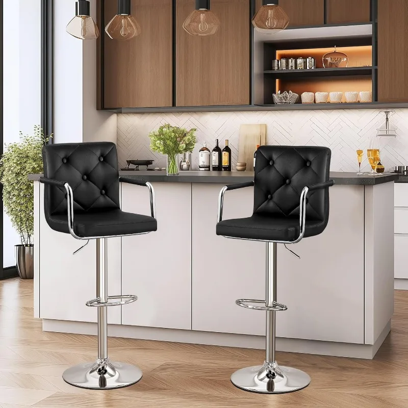 Bar Stools, Adjustable Bar Stools Set of 2, Counter Height Barstool with Back and Arms, Swivel PU Leather Bar Chairs for Kitchen