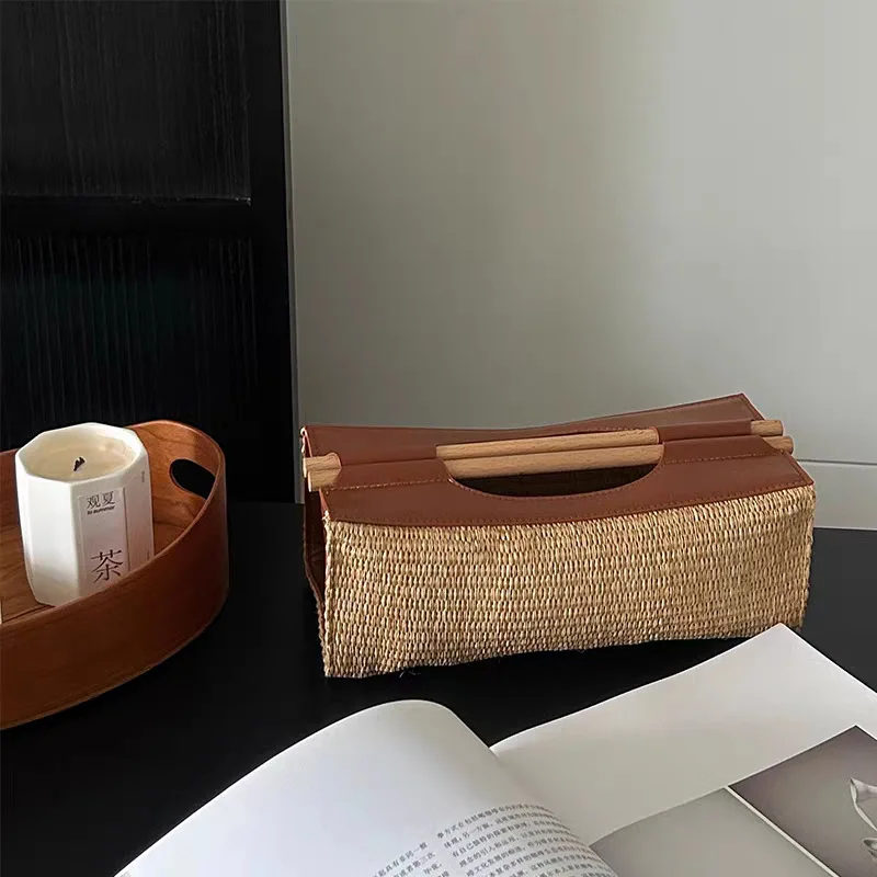 Medieval woven leather tissue box household living room entrance napkin storagebox desktop paperbox