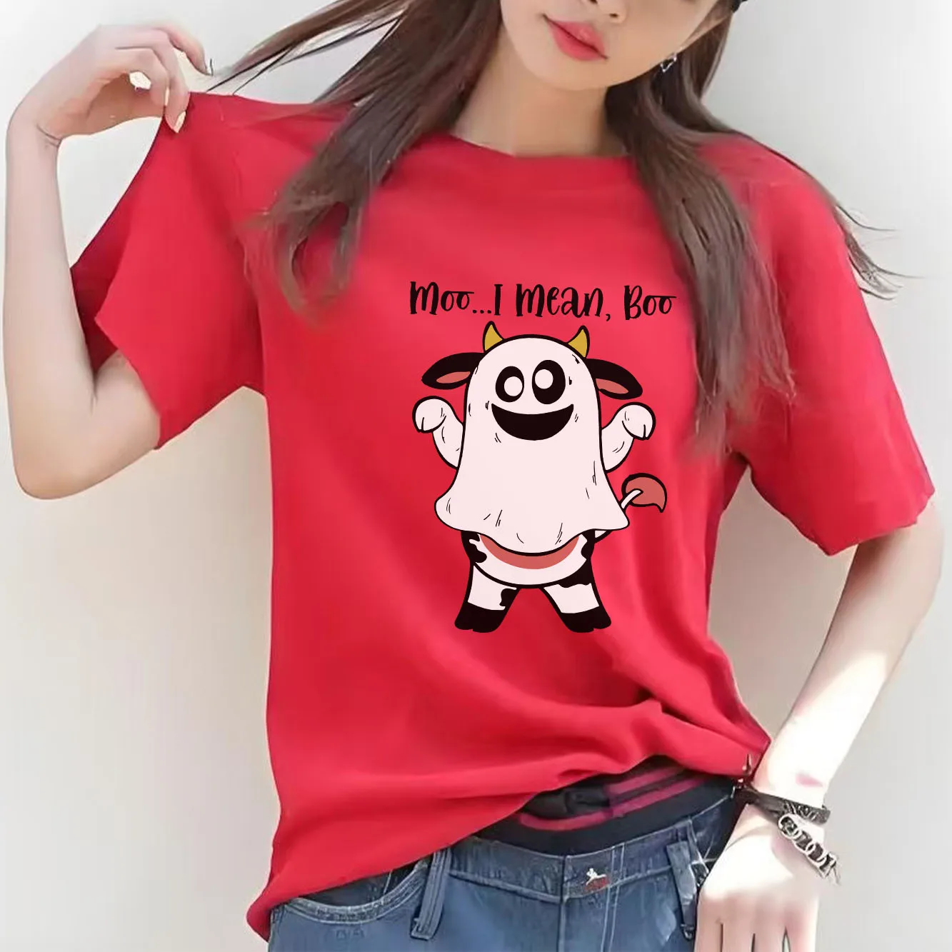 

Хэллоуин милая мультяшная принт с короткими рукавами и круглым вырезом, универсальная модная женская футболка на весну и лето