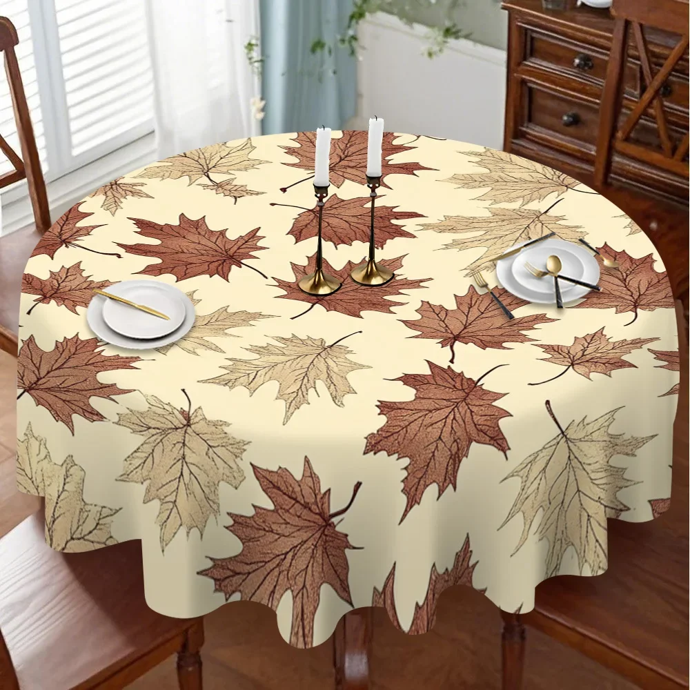 One-piece autumn maple leaf scattered round tablecloth, suitable for kitchen round tables, for guests' reception and daily use