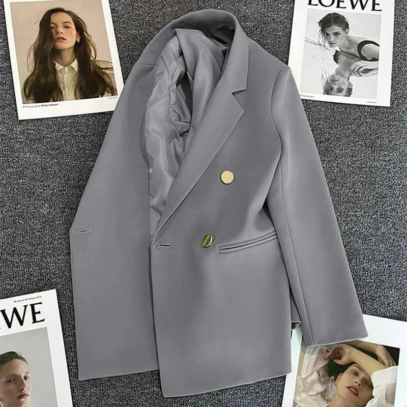 Women's Spring Suit Jacket Spring and Autumn Double-breasted Grey Suit Charming Slimming Internet Celebrity Top Women Blazer