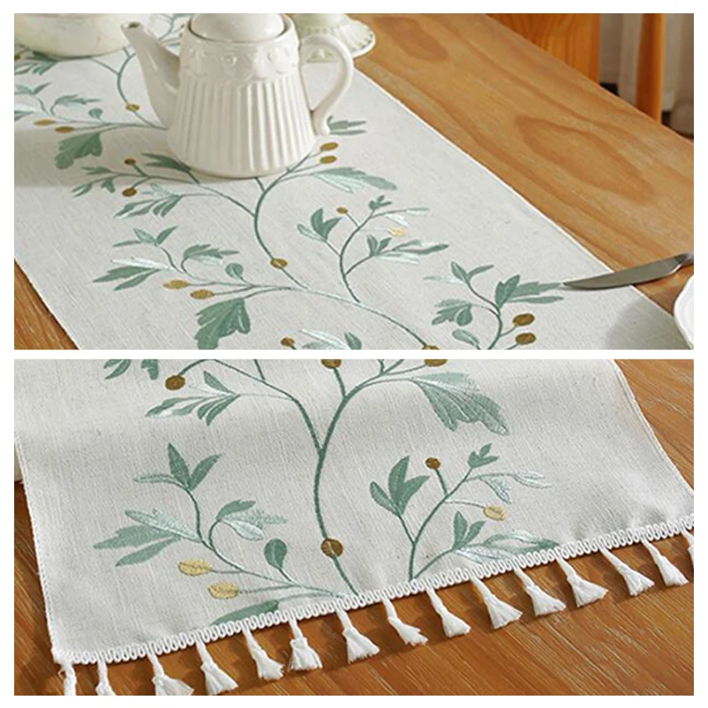 Nordic Embroidery Plant Table Runner Green Leaves Tassel Tea Table Mat Cotton Linen Table Runner Home Decor Dining Tablecloth