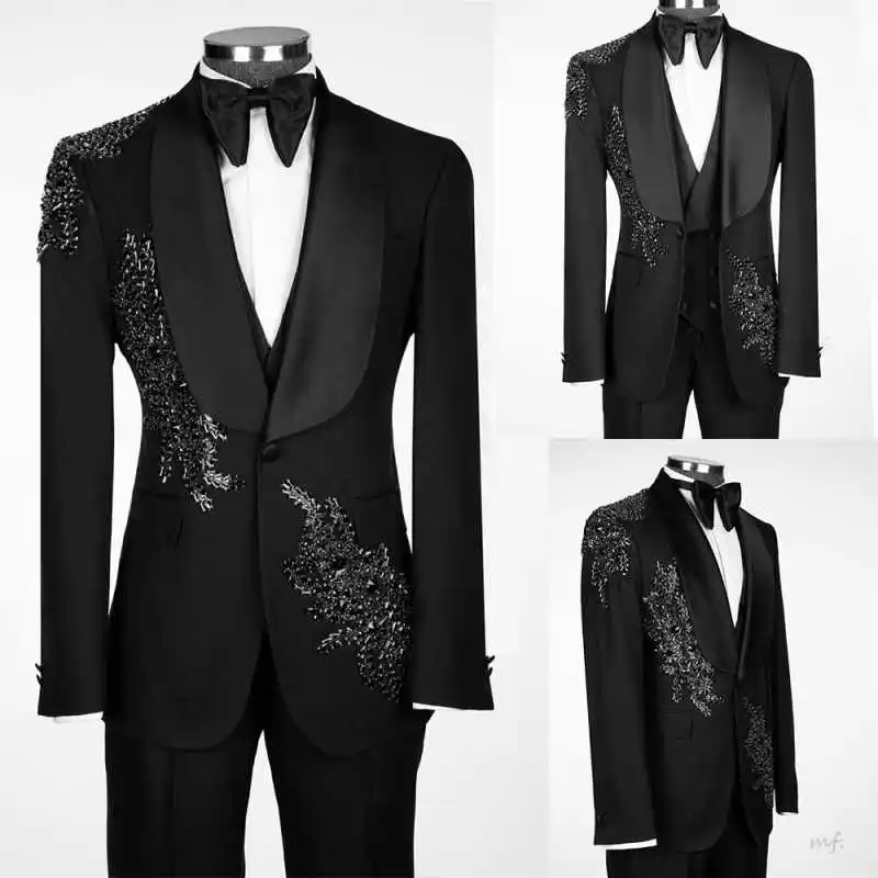 

Stylish Crystals Men Blazer Sets One Button Shawl Lapel Groom Wedding Tuxedos Classic Fit 2 Pieces Formal Party Customized