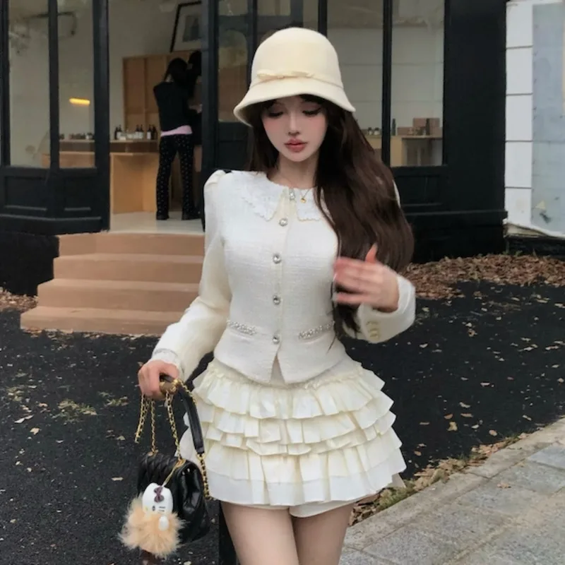 High Quality Fashion Sweet Small Fragrant Two Piece Set Women Luxury Diamond Buttons Tweed Jacket Coat + Cake Skirt 2 Piece Sets