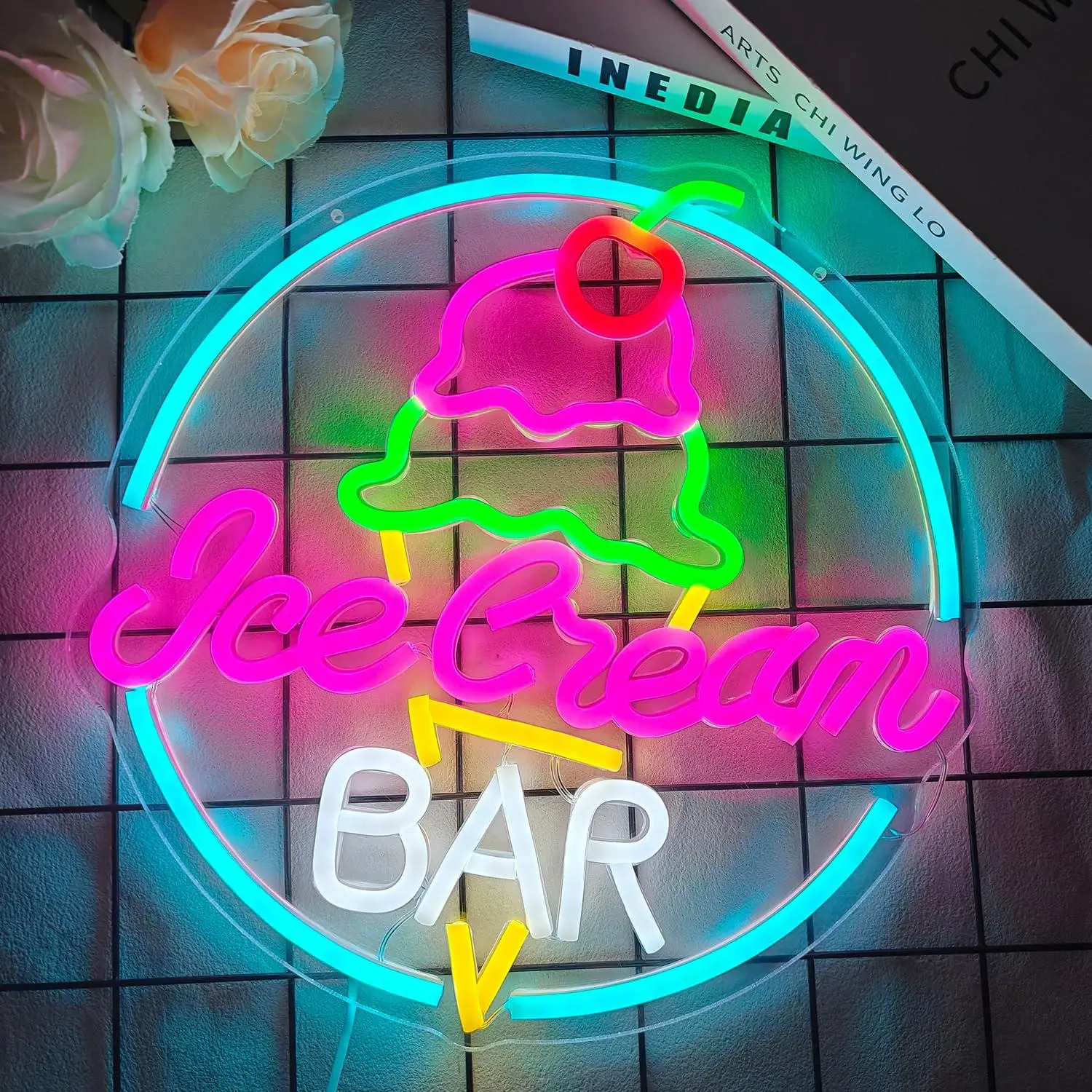 Ice Cream Bar Neon Sign USB Dimmable LED Light for Party Business Ice Cream Cold Drink Shop Bar Office Art Wall Decoration