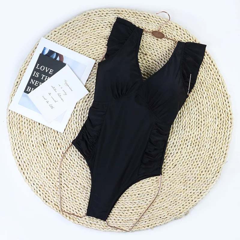 Traje de baño negro de una pieza 2025, traje de baño fruncido con Control de barriga, traje de baño para mujer, traje de baño, ropa de playa, Monokini, trajes de baño para mujer