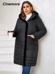 Cinemore-chaqueta con cuello de piel para mujer, Abrigo con capucha y borde de piel, Parkas cálidas acolchadas a prueba de viento de talla grande, Tops de invierno, 2023