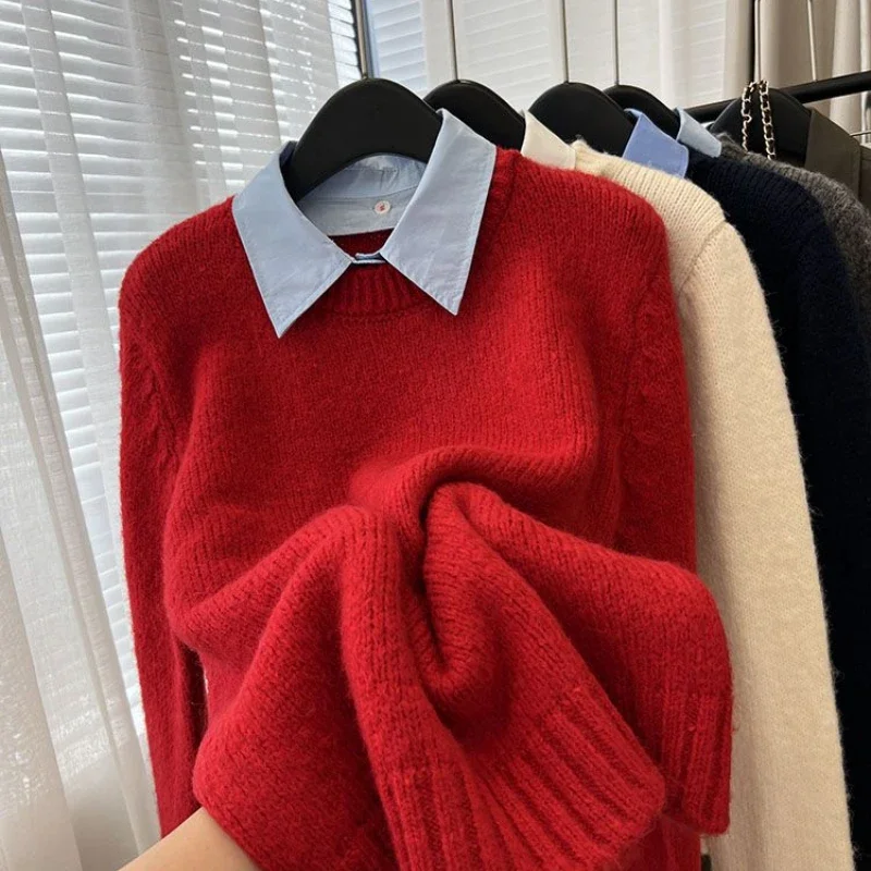 

Knitted Sweater Autumn Two Piece Shirt New Style Contrast Lazy Contrast Collar Knitted Sweater Top
