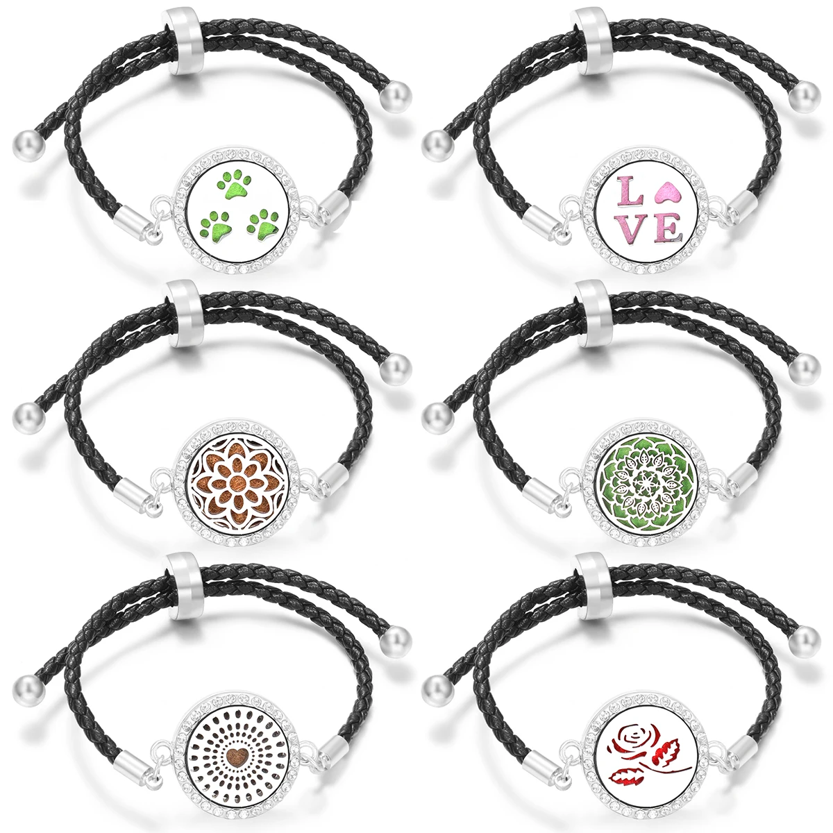 

Aromatherapy Diffuser Flowers Rose Women Leather Perfume Bangle Essential Oil Locket Spiral Open Rhinestones Bracelet Jewelry
