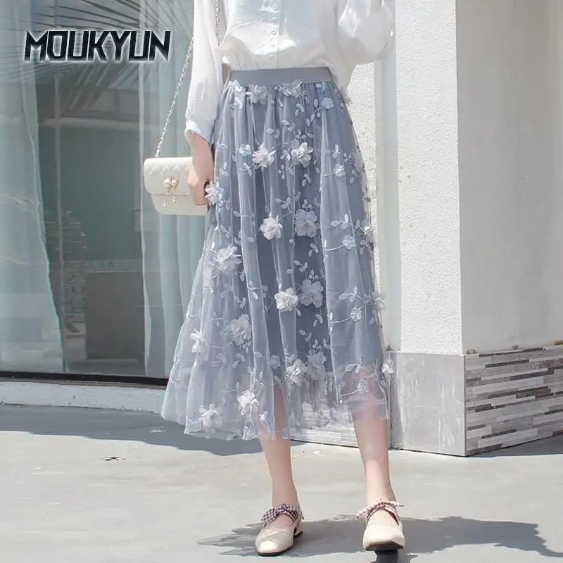 

Роскошные женские юбки, корейская мода, эластичная талия, вышивка, цветочная кружевная сетчатая юбка, длинное газовое бальное платье, юбка Faldas