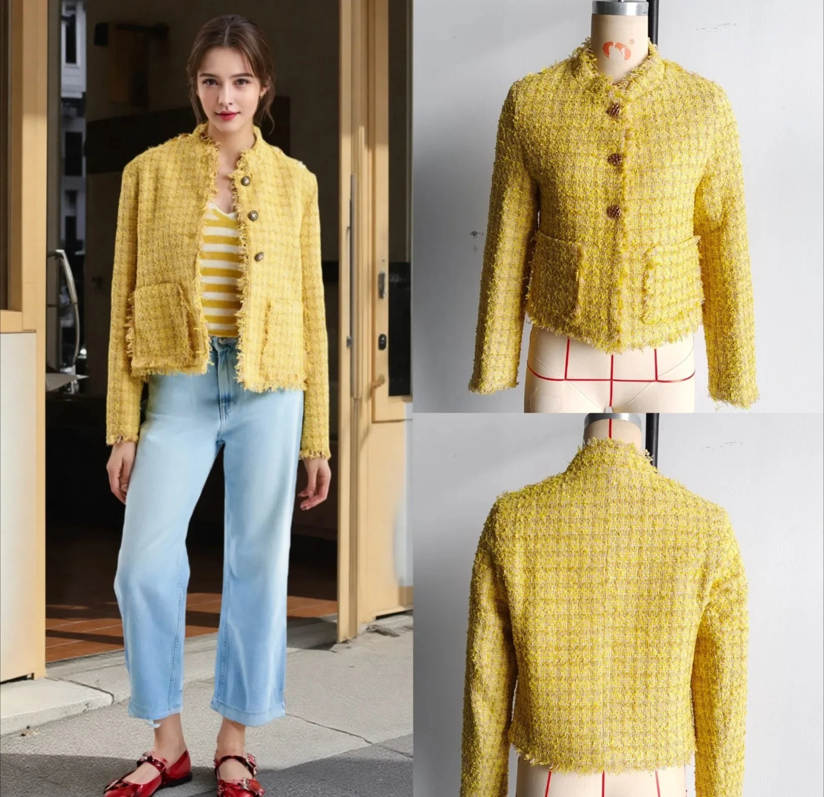 

Fashionable Casual Tweed Fabric Style Jacket Women's Autumn Winter New Arrival round Neck Full Sleeve Coat
