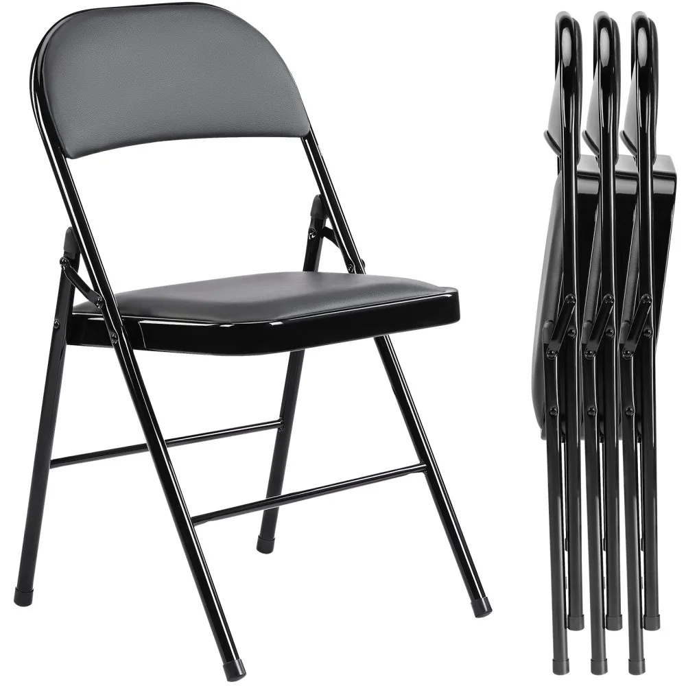 【 4 Pack】 Leather Padded Folding Chairs, Sturdy Metal Foldable Chairs, for Home, Office, Party, black