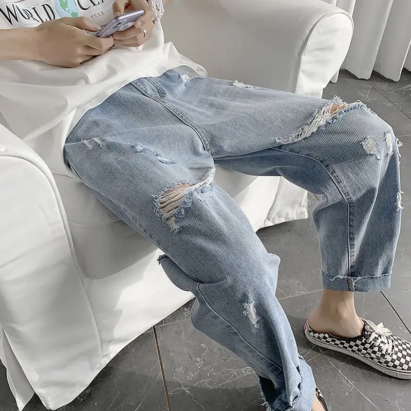 Korean Loose Straight Cylinder Hole Jeans Men Summer New Thin Style Trend Explosive Street Casual Solid Color All-match Pants