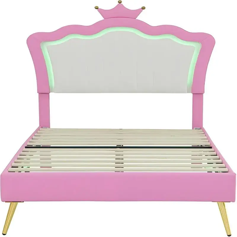 Cama de princesa de tamanho duplo com gavetas de armazenamento para meninas, estrutura de cama de tamanho duplo fofa para crianças, estrutura de cama estofada de solteiro com LE