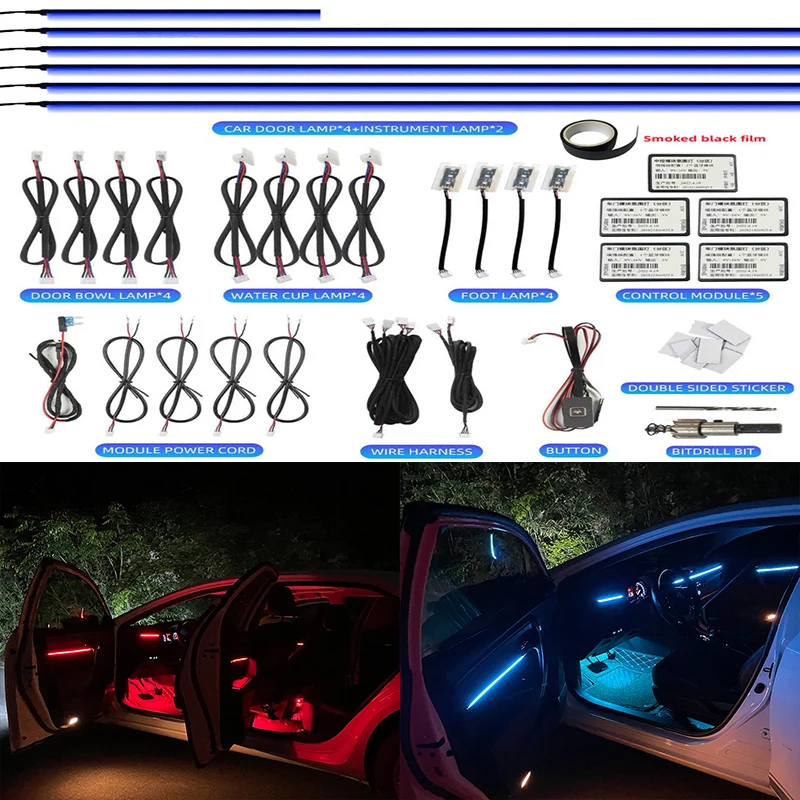 

18 in 1 Ambient Light For Car Interior 64 Color Breathe Dashboard Door Decoration LED Strip Lights RGB Bluetooth App Control 12V