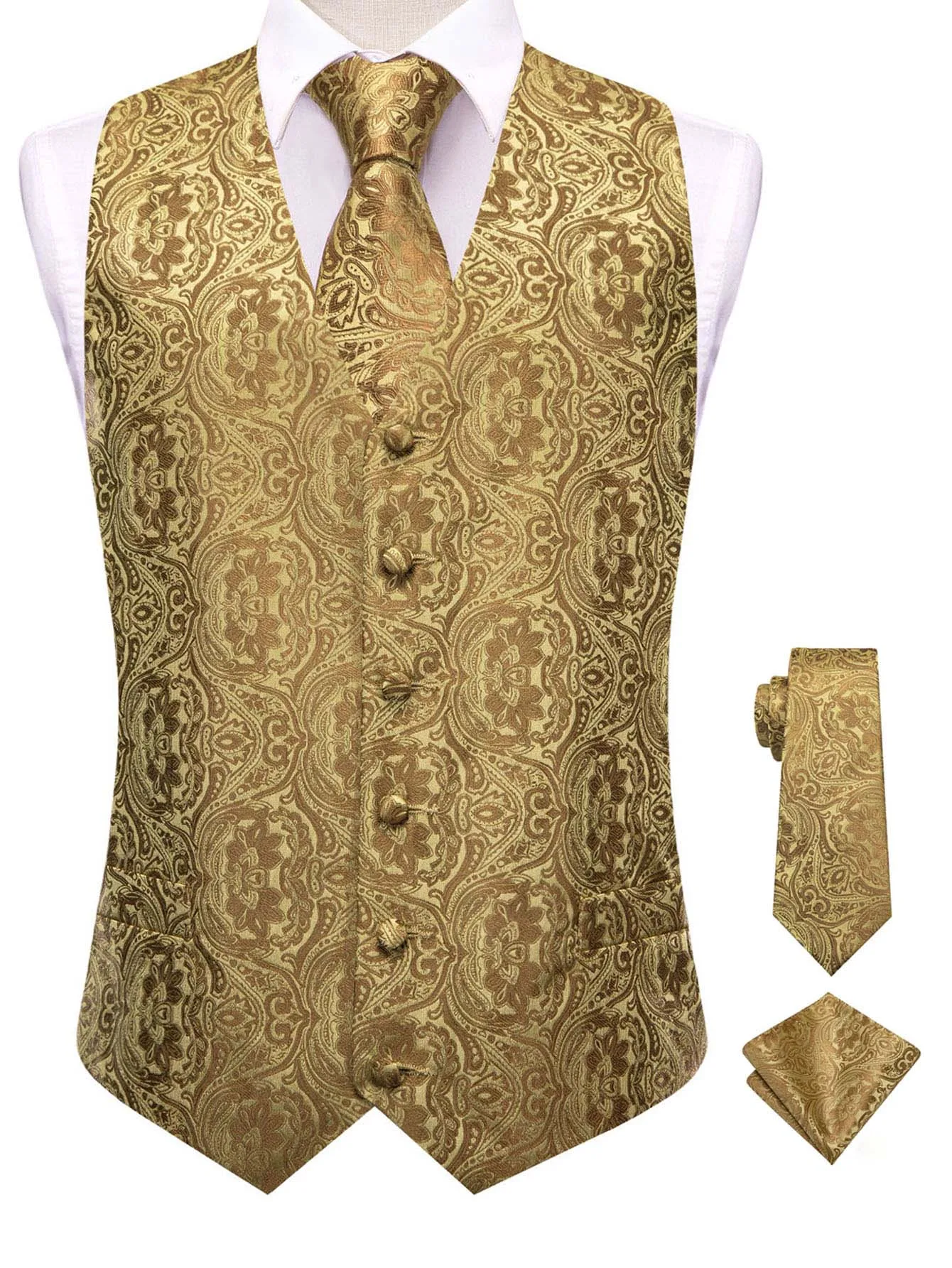 VERVEROW Men Golden Floral Paisley Suit Vest Set Jacquard Waistcoat Matching Tie Handkerchief For Prom Business Events