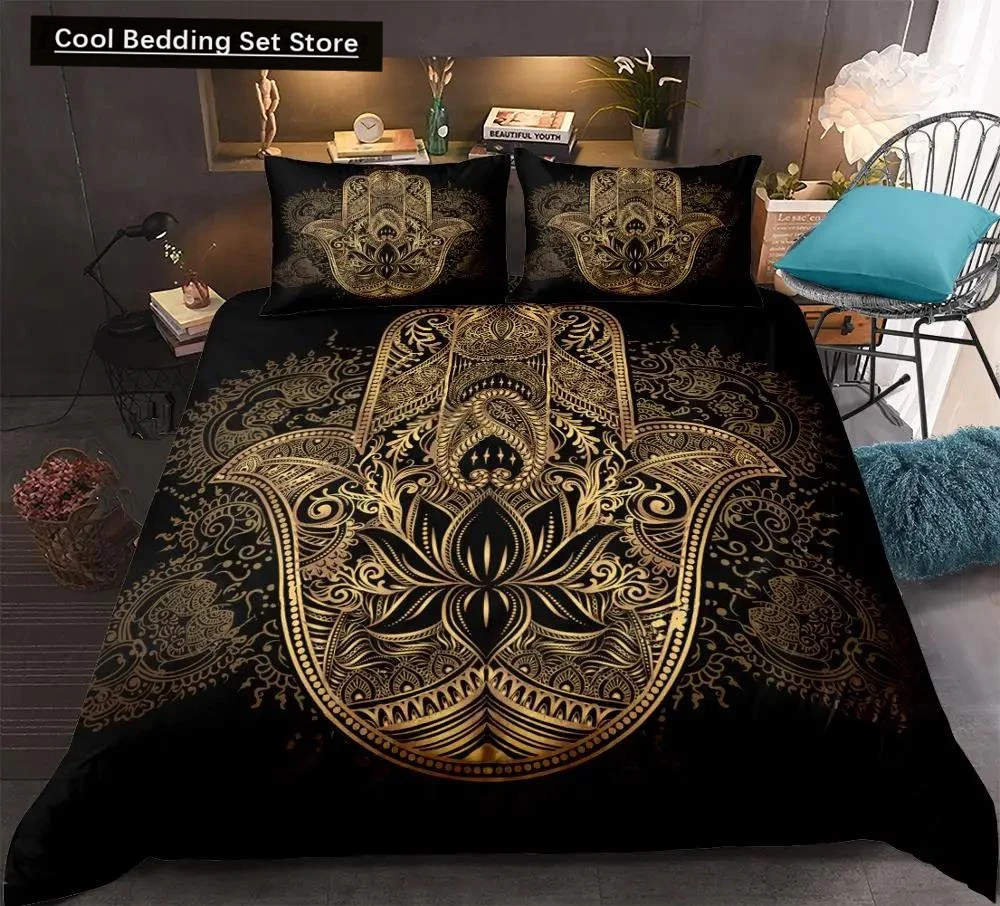 Hamsa Hand Bedding Set Boho Mandala Duvet Cover Set Black Gold Bohemia Bed Set Fatima Hand bed linen Lucky Hand Quilt Cover