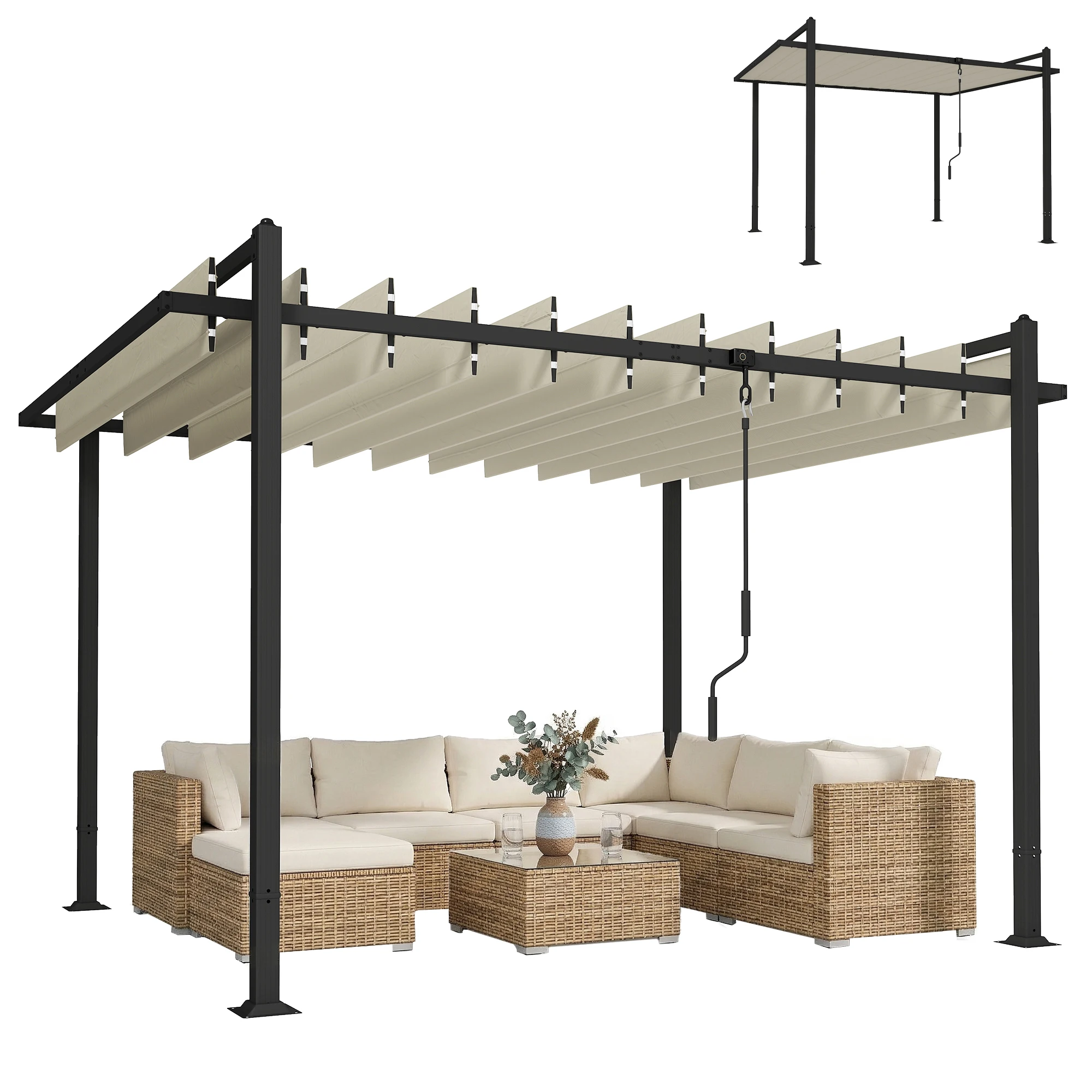 Outsunny Pérgola de Jardín 3x3,8 m con Techo de Lamas Ajustable UPF50+ Beige