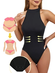 Kadınlar yuvarlak boyun Shaperwear Bodysuits kolsuz ayarlanabilir toka sıkı uydurma tulum t-şekilli Shapewear korse