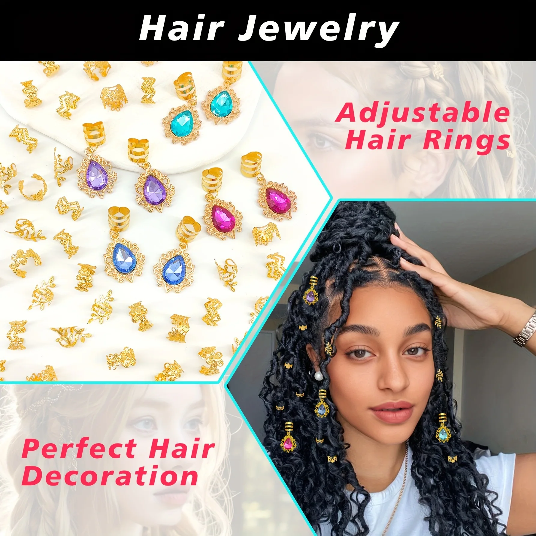 

48 Pieces Hollow Alloy Dreadlock Cuffs With Gemstone Bohemian Style For Box Braids And Hair Extension Durable Non Slip