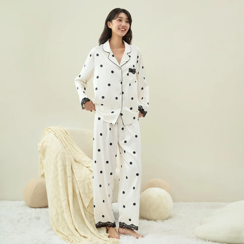 Satin Lace Pajamas Two-piece Set for Women Autumn Long-sleeved Trousers Loose Casual Wear Gorgeous Luxury Lapel Button Home Wear