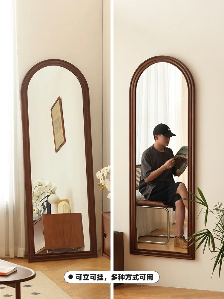 Retro solid wood full-length mirror household small apartment floor-to-ceiling mirror wall-mounted bedroom log large mirror