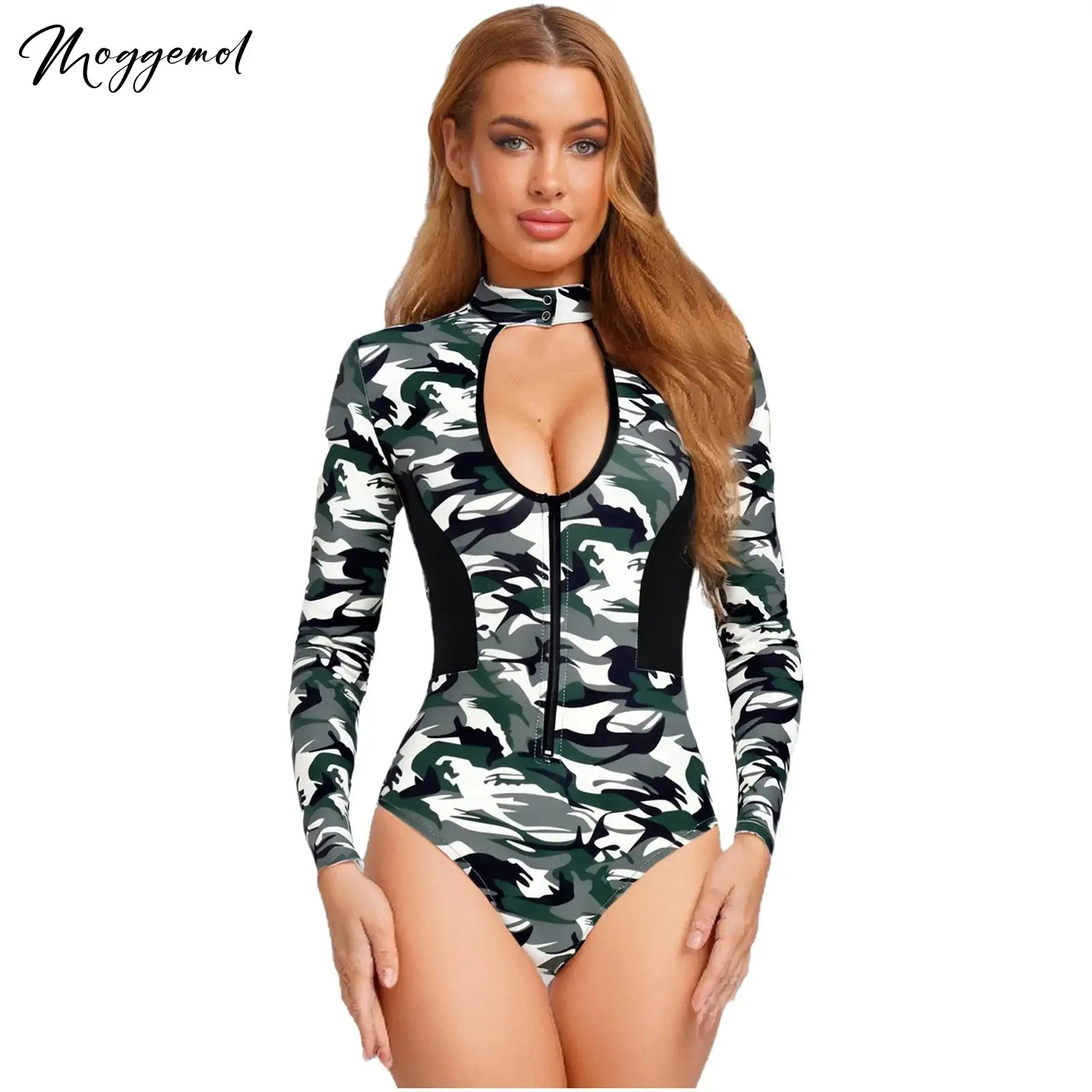 

Womens Commando Camouflage Costume Bodysuit Front Hollow Out Leotard Jumpsuit Paratrooper Veteran Army Outfits for Halloween