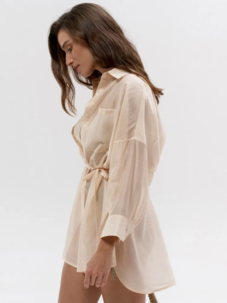 

Casual Long Shirts Women See Through Lapel Single Breasted Long Sleeves Belt Shirt Female 2025 Summer Chic Solid Fashion Shirt