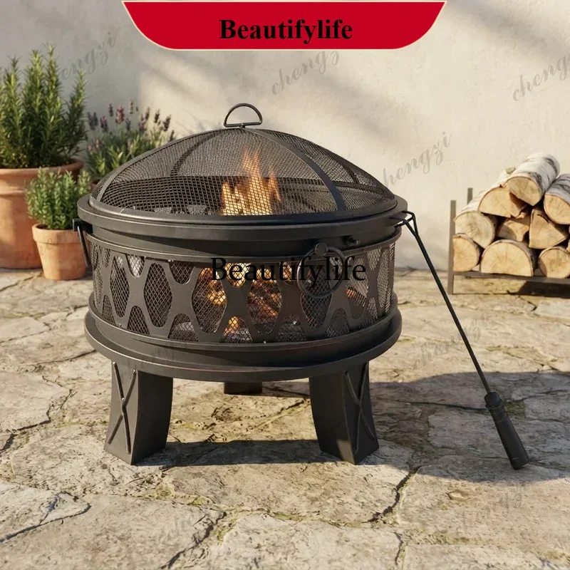 Outdoor Chimeneas Fire Pit Wood Burning Heater Round Charcoal Barbecue Grill Cast Iron Patio Garden Terrace Courtyard Warm a95