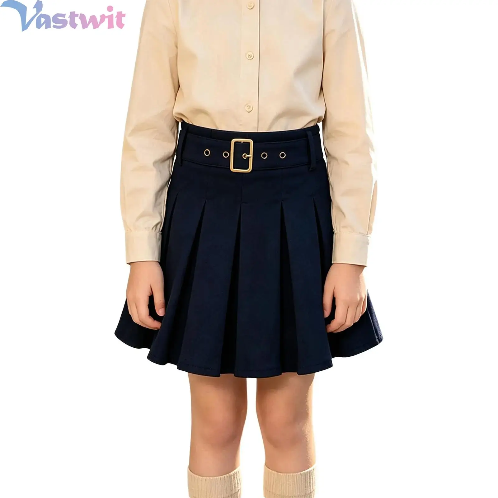 Kids Girls Preppy Pleated Skirt Navy Blue A‑Line Short Skirt With Golden Buckle Waistband Decor School Children Girls Skirts
