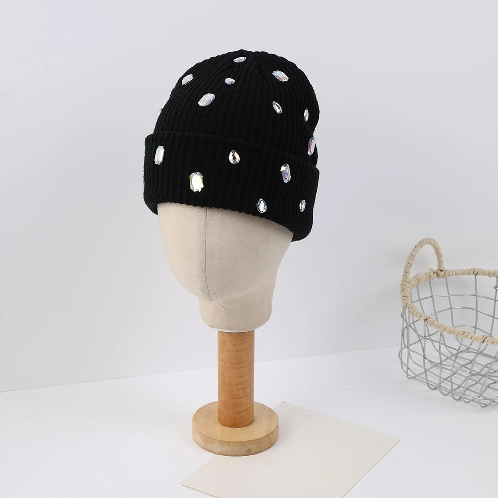 Fashionable Versatile Rhinestone-embellished Beanie Autumn/Winter Pullover Knit Cap Punk-style Rhinestone-adorned Hat