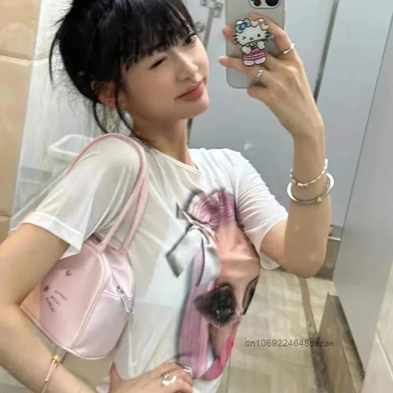 Sanrio Hello Kitty Fashion Handbag Silk Pink Ballet Style Sweet Soft Y2k Girl Handbag Minority Design Casual Girl Shoulder Bag