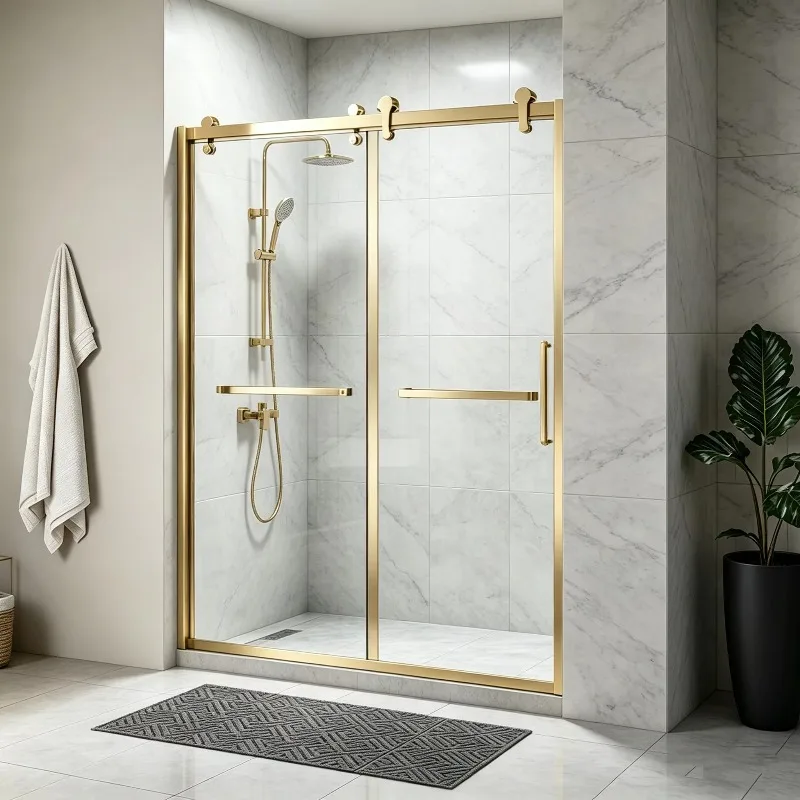 Wholesale Price Golden Bath Shower Enclosure Modern Frameless Gold Straight Tempered Glass Bathroom Bypass Sliding Shower Door