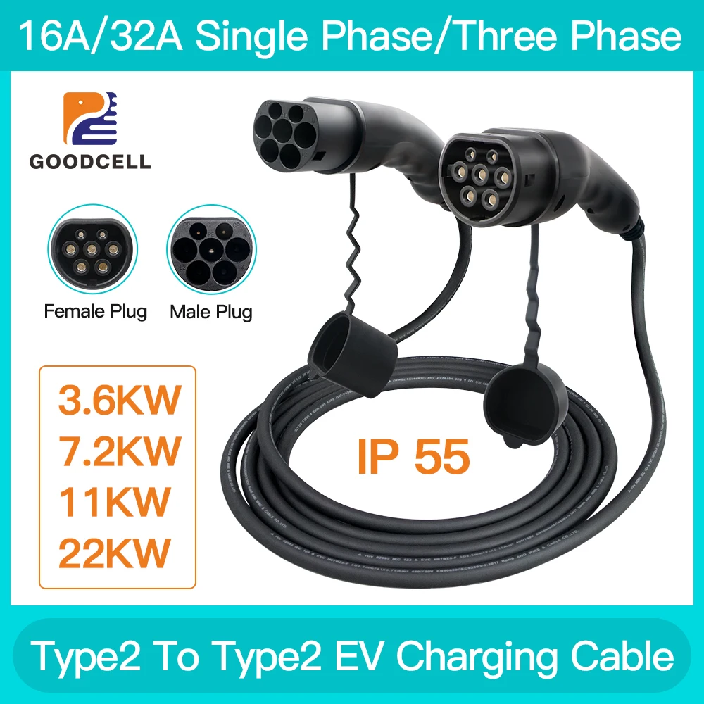 

32A 22KW EV Charging Cable Type 2 Male Connect Charging Station To Type 2 Car Female IEC 62169-2 Standard For Electric Vehicle