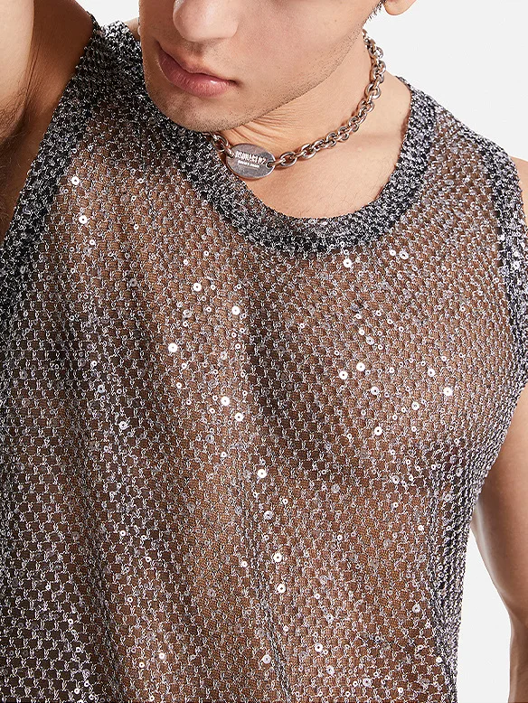 Mens Mesh Tank Top Glitter Sheer See Through Black Fishnet Top Sexy Tops to Show Muscle Shirt Sparkly Party Clubwear Costume