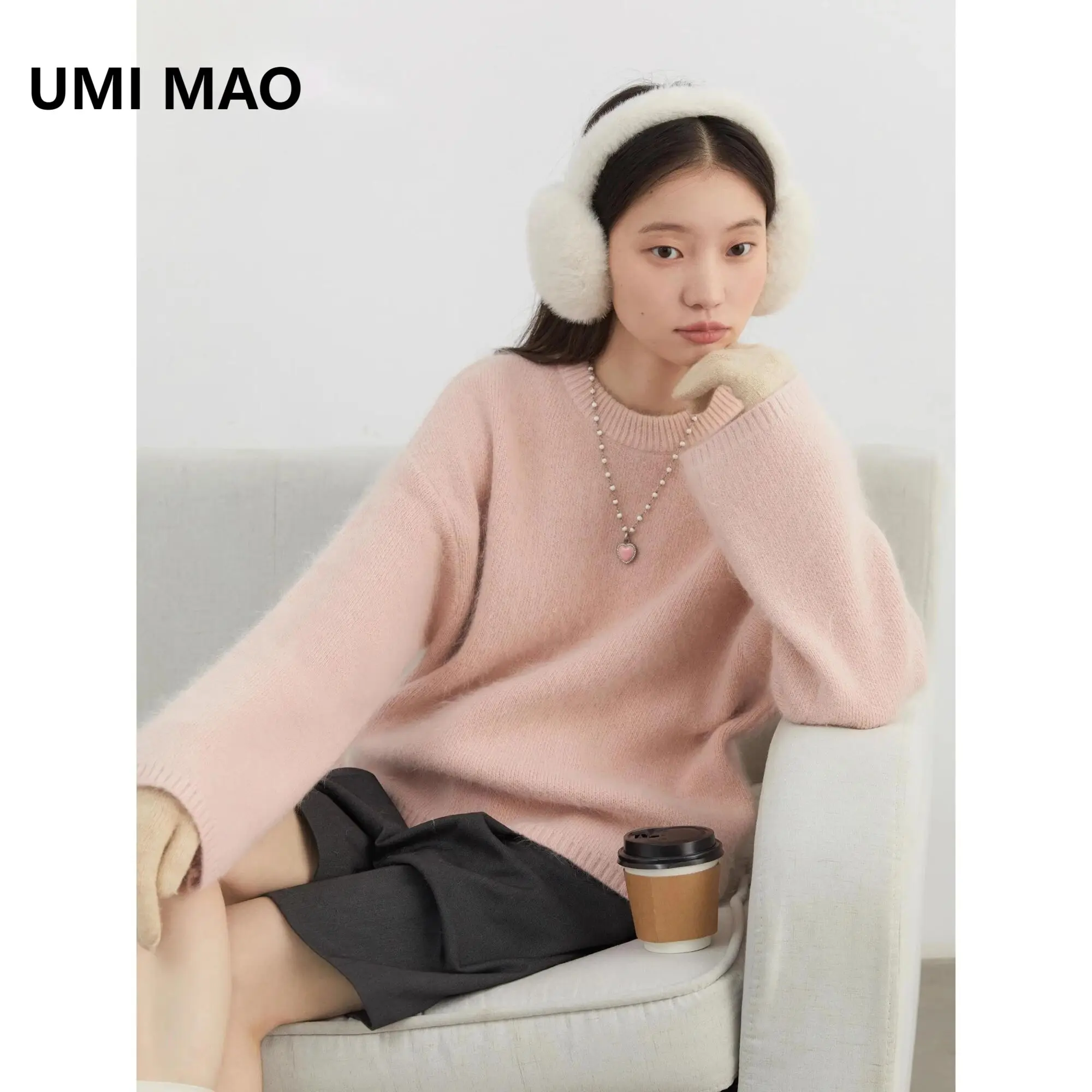 

UMI MAO шикарные женские свитера, свободные повседневные свитера с круглым вырезом из кроличьей шерсти, пуловеры, однотонные вязаные джемперы, женский топ, осень-зима