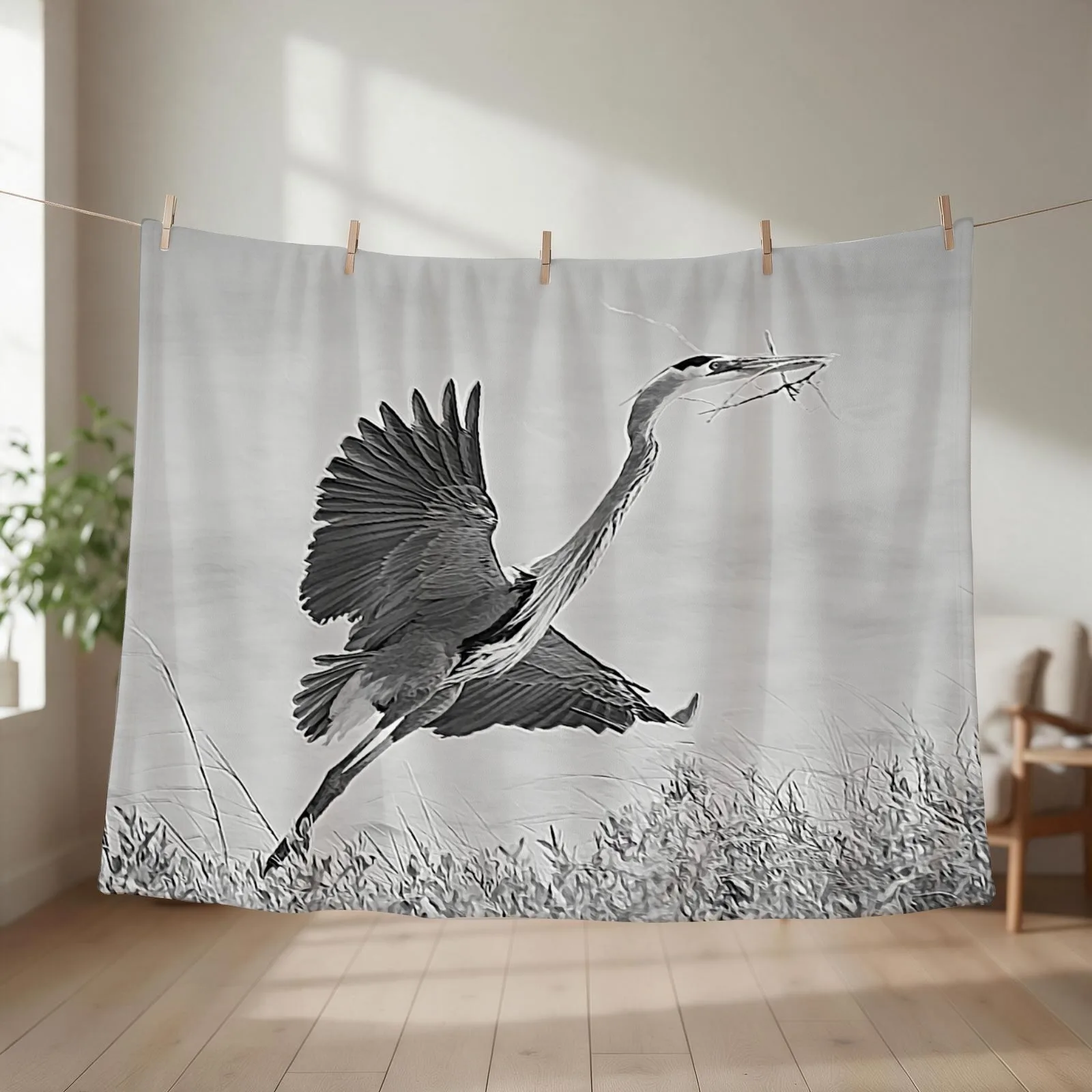 New Great Blue Heron Nest Building Time Black and White Throw Blanket couch cozy soft plush fuzzy picnic outdoor blanket