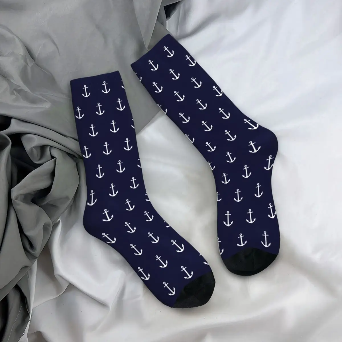 Autumn Winter Crazy Design Unisex White Anchor On Navy Blue Socks Sweat Absorbing Soccer Socks